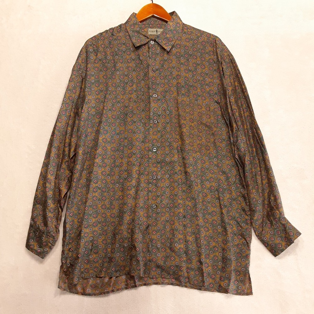 Vintage Robert Stock Mens LS Silk Shirt Green Kaleidoscope Pattern Geometric